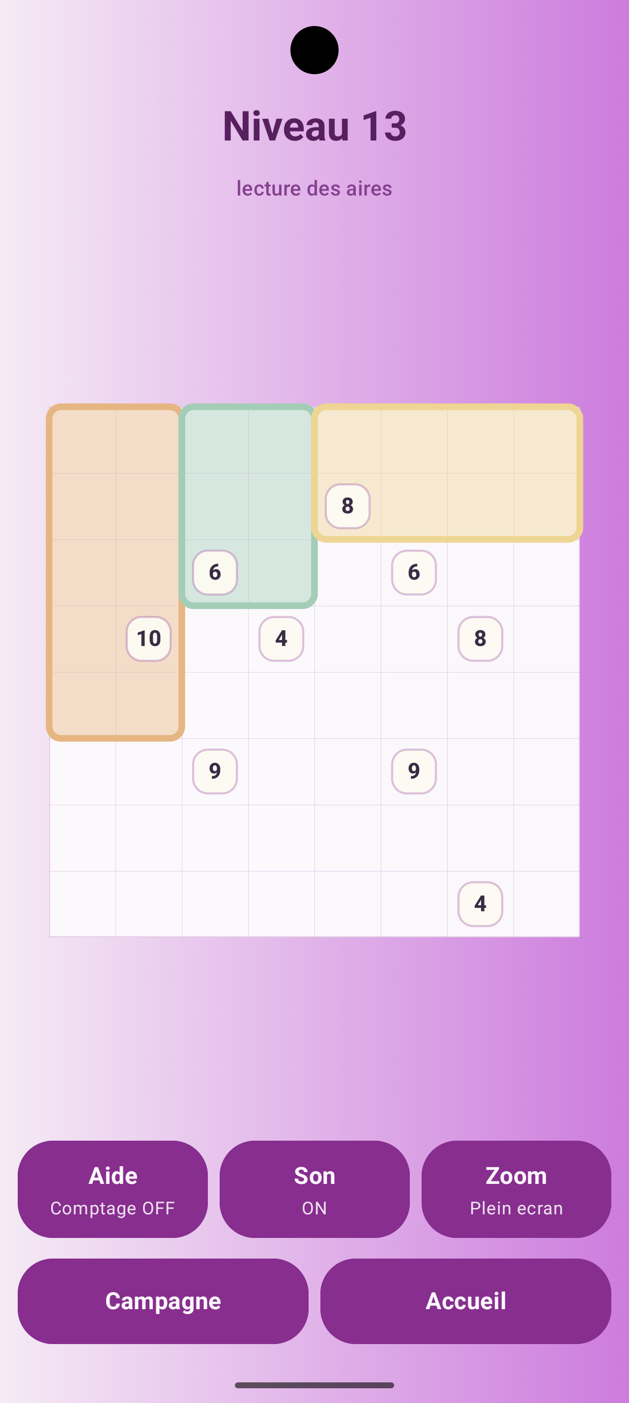 Grille Android de Shikaku en cours de partie